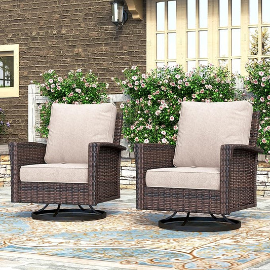 HERA'S HOUSE Outdoor Furniture, 2 x High Back Swivel Patio Chairs with 5.5" Cushions Wicker Rattan Deck Balcony Porch Furniture, Beige