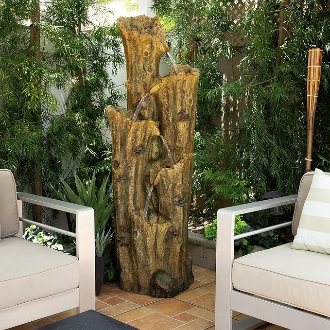 Alpine Corporation 65" Tall Outdoor 4-Tier Cascading Tree Bark Water Fountain with LED Lights