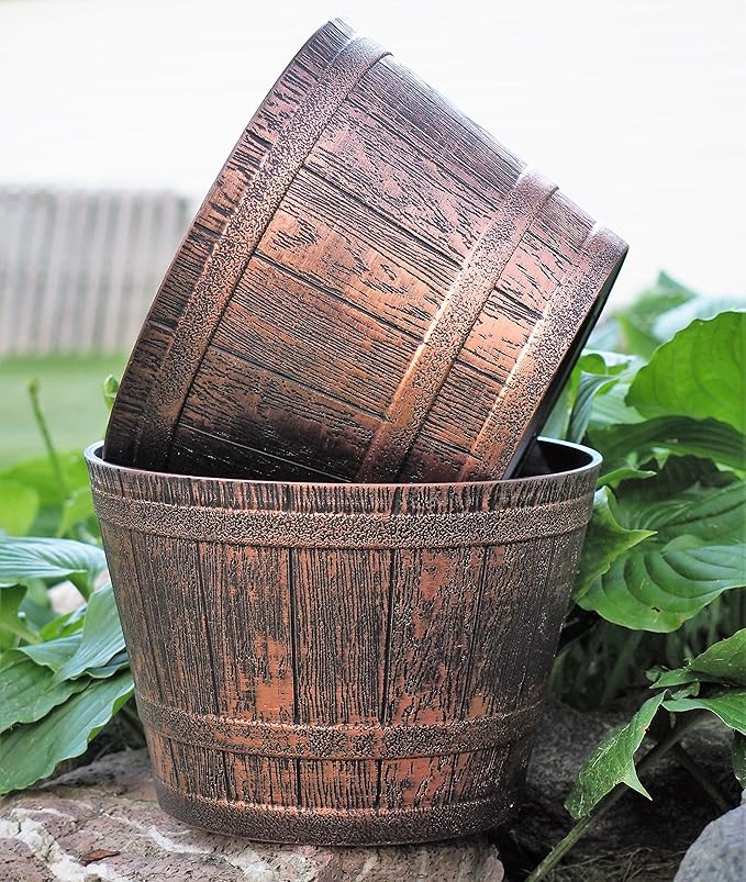 Large Whiskey Barrels Set of 2 Rustic Look (2 planters + 2 Matching Saucers) French Country Style Flowerpot Indoor Outdoor Garden Patio Office Home Decor Use Reusable Light Weight (Copper)