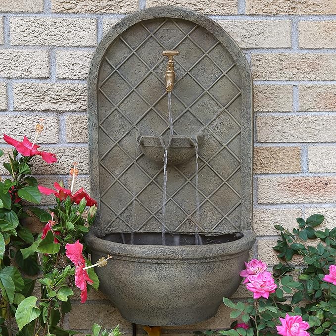 Sunnydaze 26" Outdoor Wall Water Fountain with Pump - Florentine Stone - Messina - Electric