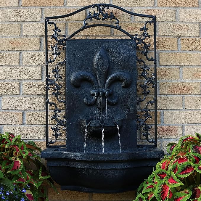 Sunnydaze 33" Outdoor Wall Water Fountain with Pump and Panel - Lead - French Lily - Solar-Powered