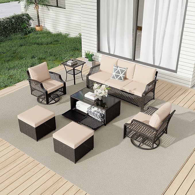 HOMREST 7 Piece Patio Furniture Set, Wicker Outdoor Conversation Set with Swivel Chairs, 2 Ottomans, Storage Coffee Table, Rattan Outdoor Sectional Sofa for Deck Backyard Porch （7 Seats, Khaki