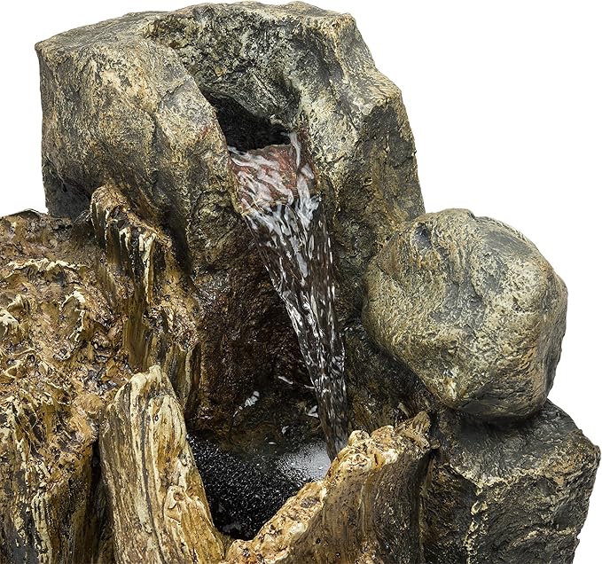 Alpine Corporation WIN270S Indoor/Outdoor Floor Rainforest Fountain with LED Lights, Tree Trunk Waterfall Fountain 22", Brown
