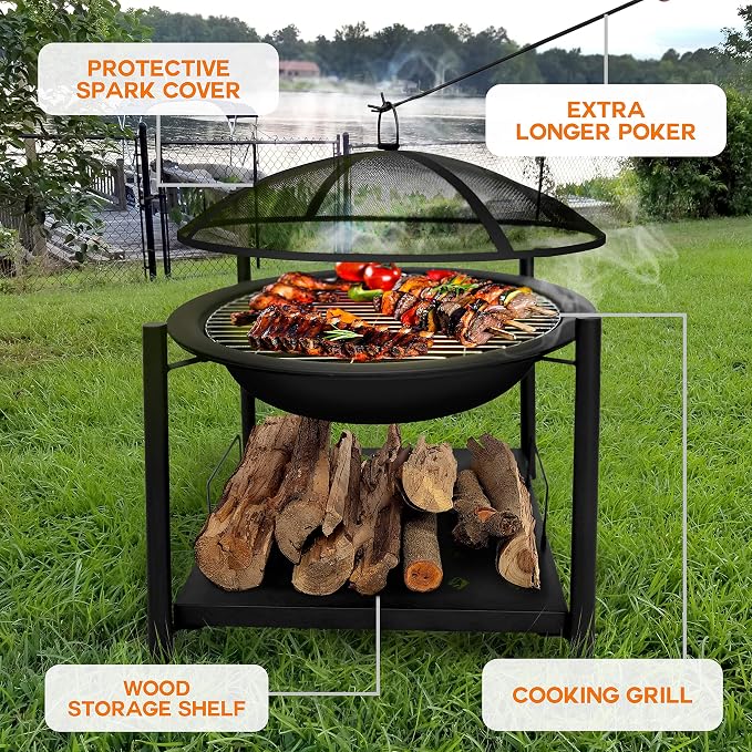 SereneLife Outdoor Wood Fire Pit - 26" Steel BBQ Grill with Mesh Spark Screen, Log Grate, Fire Poker & Cover for Camping, Picnic, Bonfire - Durable, Easy to Assemble, 2 in 1 - Image 3