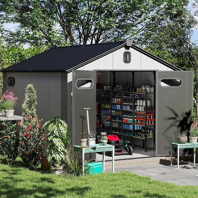 Domi 8x14 FT Outdoor Resin Storage Shed, All-Weather Double-Wall Storage Building with Lockable Doors and Ventilated Roof, Ideal for Lawn Tools, Bikes, Mowers, and Pool Equipment, Grey - Image 2