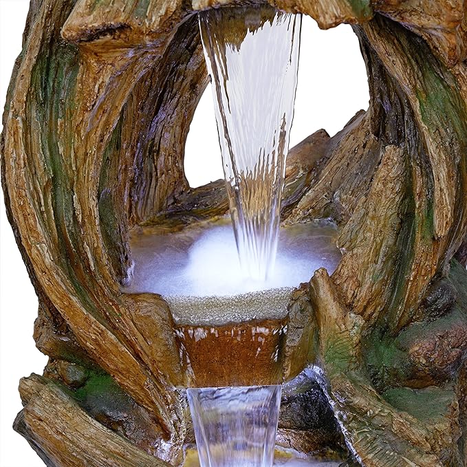 Alpine Corporation 40" Tall Open Tree Trunk Floor Fountain with Cool White LED Lights, Tiered Garden Decor, Brown