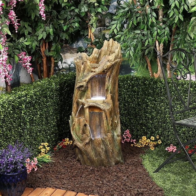 Alpine Corporation TZL346 Outdoor 3 Tier Tree Trunk Floor Fountain with Cool White LED Lights, Tiered Garden Decor, 40" H, Brown