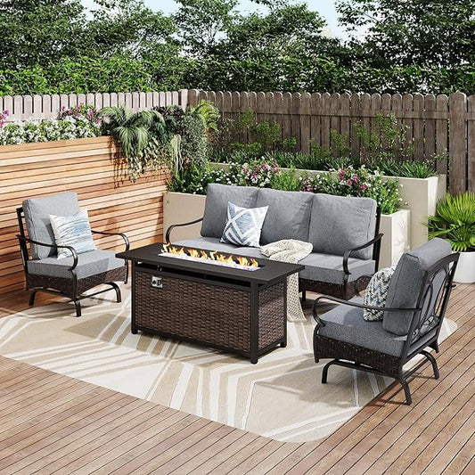 PHI VILLA Patio Furniture Set with 56" Fire Pit Table, Premium Outdoor Wicker Metal Frame Furniture with Upgraded Waterproof Thick Cushions for Porch, Poolside, Deck, and Yard （4 Pieces,Grey