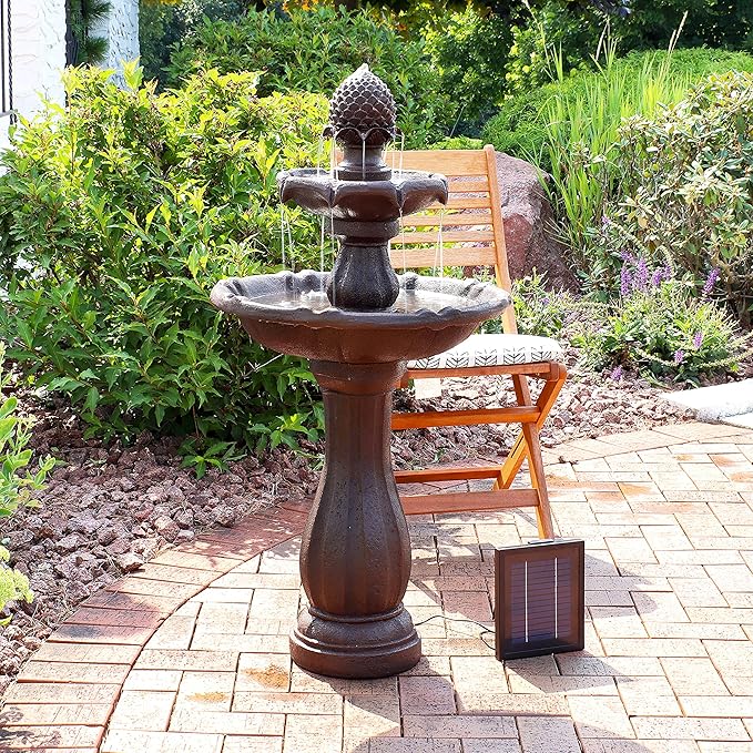 Sunnydaze Pineapple 46-Inch 2-Tier Outdoor Solar Fountain - Decorative Water Fountain with Pump for Garden, Patio, Yard or Balcony - Rust Finish