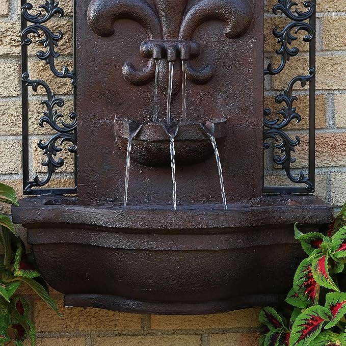 Sunnydaze 33" Outdoor Wall Water Fountain with Pump and Panel - Iron - French Lily - Solar/Battery-Powered