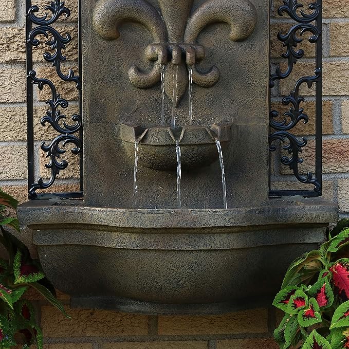 Sunnydaze 33" Outdoor Wall Water Fountain with Pump and Panel - Florentine Finish - French Lily - Solar-Powered
