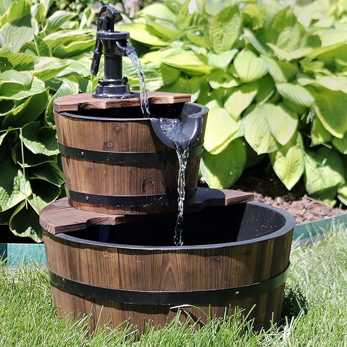 Sunnydaze 2-Tier Wood Barrel Water Fountain - 23-Inch Vintage Water Pump Fountain with Submersible Pump - for Garden, Patio, Decks