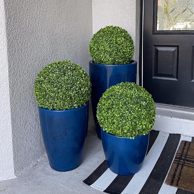 Floridis Plastic Plant Pot, Blue Marble Effect, Set of 3 (11+17+25 inch) with Drainage Hole and Saucer. Outdoor and Indoor Set of Black planters for patios, Front Porch.