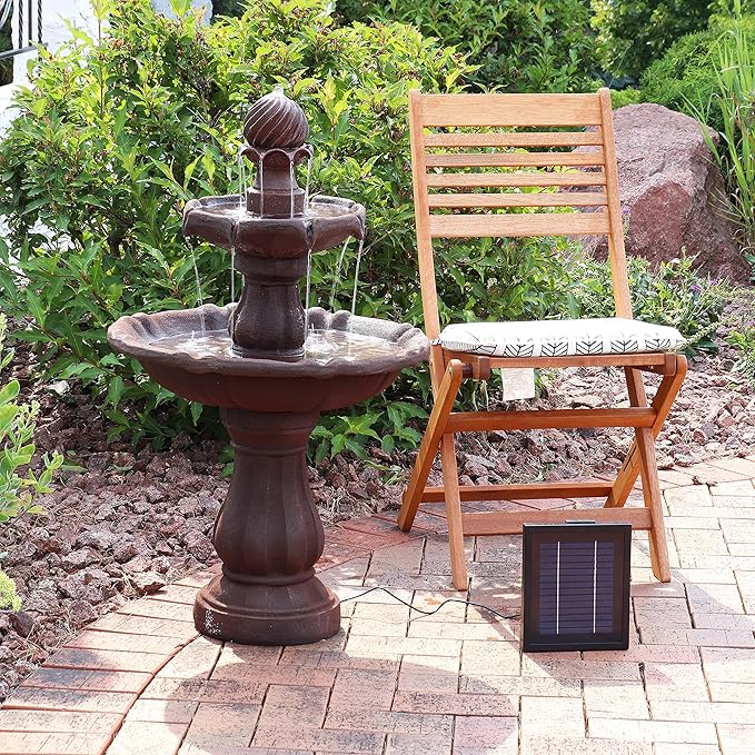 Sunnydaze 35" Solar 2-Tier Outdoor Water Fountain - Outdoor Water Fountain with Battery Backup and Pump - Rust