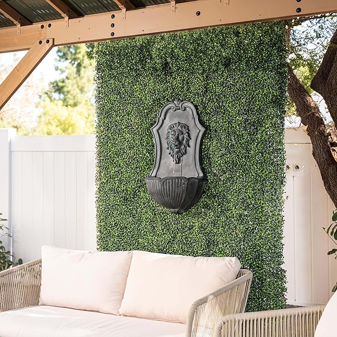 XBrand 26" Solar-Powered Wall-Mounted Lion Head Fountain, Resin, Outdoor, Gray
