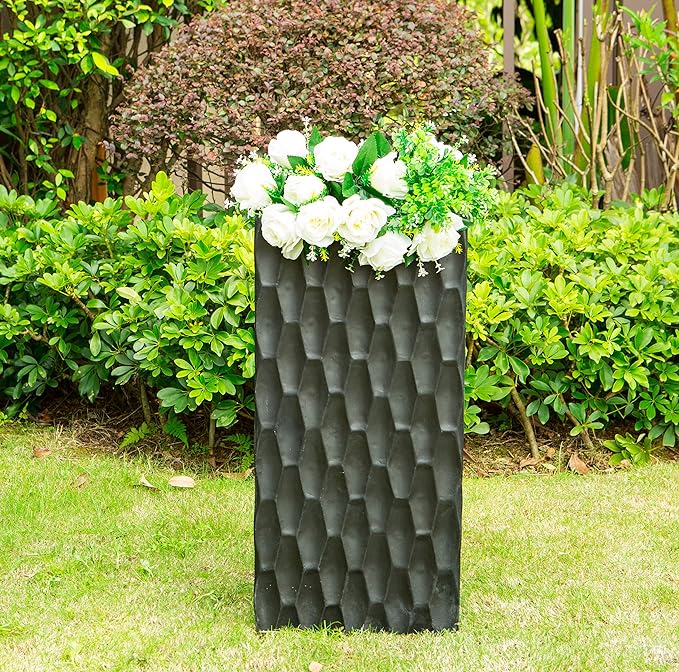 Kante 8.3" x 8.3" x 19.7" Square Concrete Retro Tall Lightweight Rectangle Outdoor Planter Pots with Drainage for Patio Deck Livingroom Burnished Black