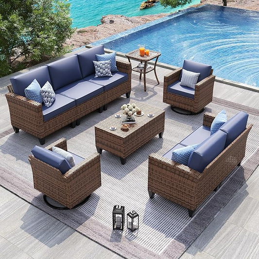 UDPATIO Patio Furniture Set, 6 Pieces Outdoor Furniture Sets with Rocking Swivel Chairs, Wicker Rattan Outdoor Conversation Set with Storage Table and Waterproof Covers for Backyard, Deck, Porch, Navy