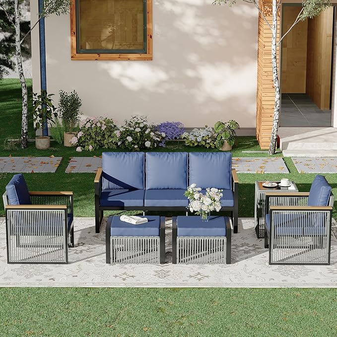 HOMREST 6 Pieces Funriture Sets,Metal Patio Furniture Set, 5 Seats Modern Outdoor Conversation Set Sectional Sofa with Ottomans,3-Seat Sofa,Side Table,Upgrade Cushion for Balcony,Yard,Deck(Blue)