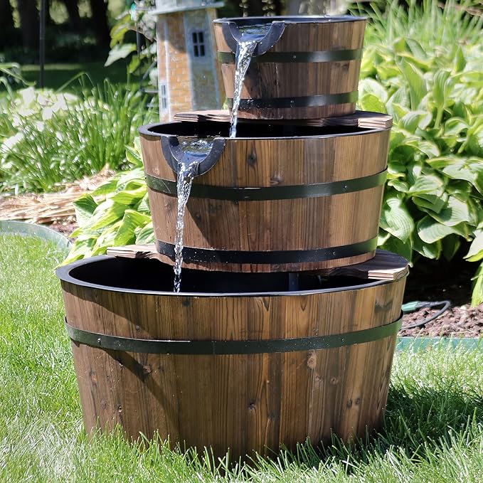 Sunnydaze 3-Tier Wood Barrel Water Fountain - 30-Inch Outdoor Water Fountain Barrel with Submersible Pump - for Garden, Patio, Decks