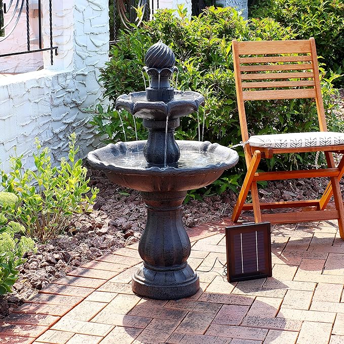Sunnydaze 35" Solar 2-Tier Outdoor Water Fountain - Outdoor Water Fountain with Battery Backup and Pump - Black