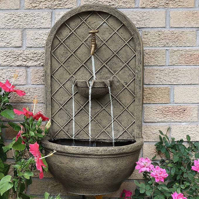 Sunnydaze 26" Outdoor Wall Water Fountain with Pump - French Limestone - Messina - Electric