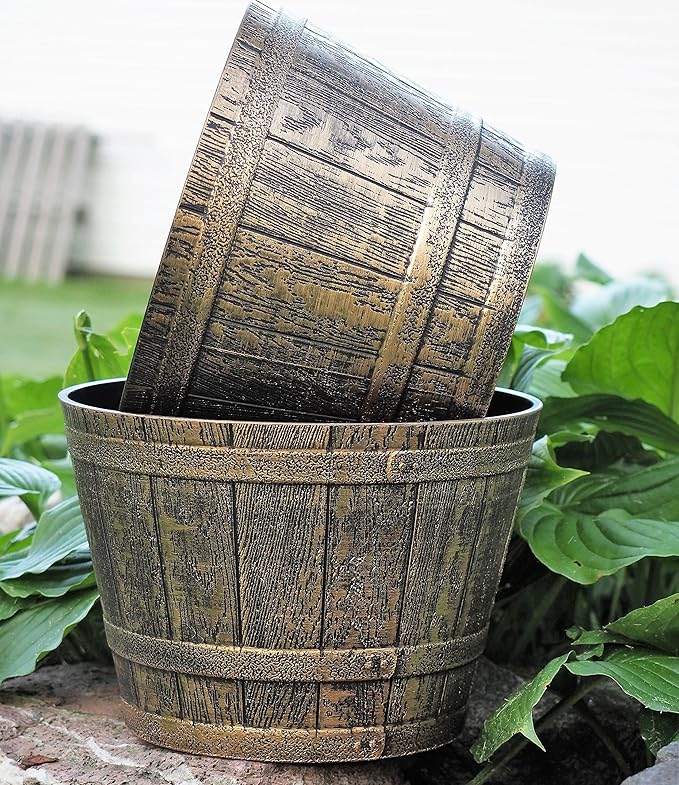 Set of 2 Plastic Whiskey Barrels Rustic Look (2 planters + 2 Matching Saucers) French Country Style Flowerpot Indoor Outdoor Garden Patio Office Home Decor Use Reusable Light Weight (Gold)