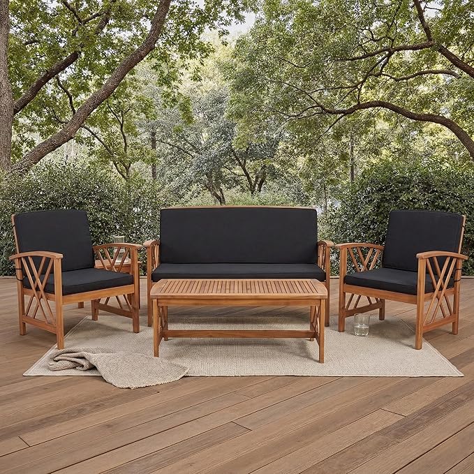 SAFAVIEH Outdoor Collection Fontana Natural/ Black Cushions 4-Piece Conversation Patio Set