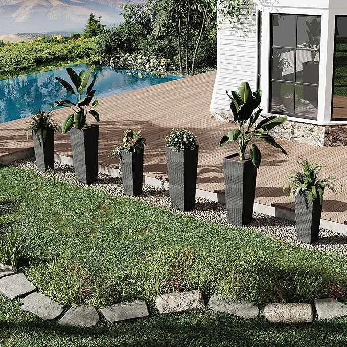 2 Pack Large Planters for Indoor Plants, Outdoor 32 inch Tall Tree Planter with Drainage Holes, Plant Pots for Trees Flowers, All-Weather Use with Removable Insert Bucket for Porch, Patio, Black