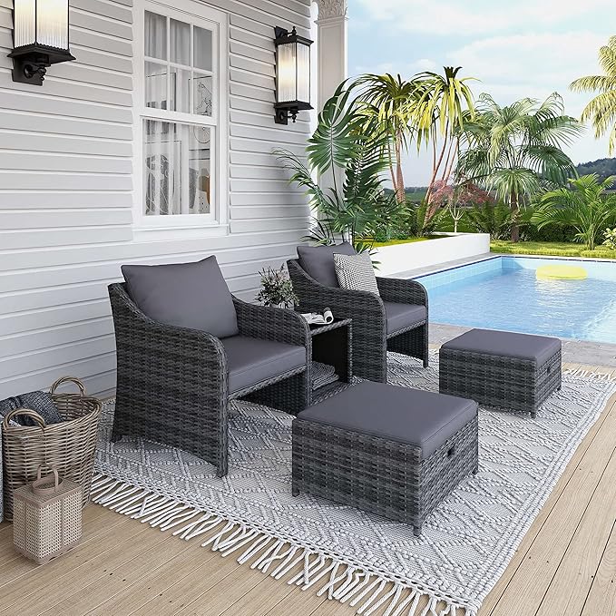 HOMREST 5 Piece Balcony Furniture, All Weather PE Wicker Rattan Patio Furniture Set, Cushioned Patio Chairs Set of 2 w/Ottoman&Table, Outdoor Lounge Chair for Lawn Pool Balcony, Grey