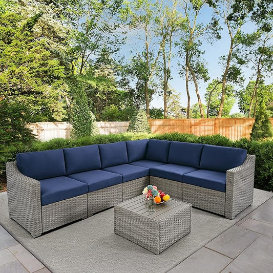 HAPPATIO 7 Piece Patio Conversation Set,Rattan Wicker Outdoor Sectional Sofa,All-Weather Patio Furniture Set,Multiple Combination Sofa. Patio sectional Set for Patio and Balcony.(Gray/Blue)