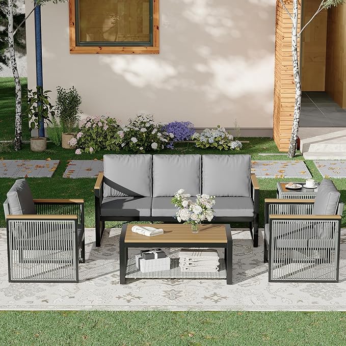 HOMREST Outdoor Metal Furniture Set, 5 Pieces Patio Sectional Conversation Chat Sofa Modern Seating Set with Coffee Table & Side Table(Grey)