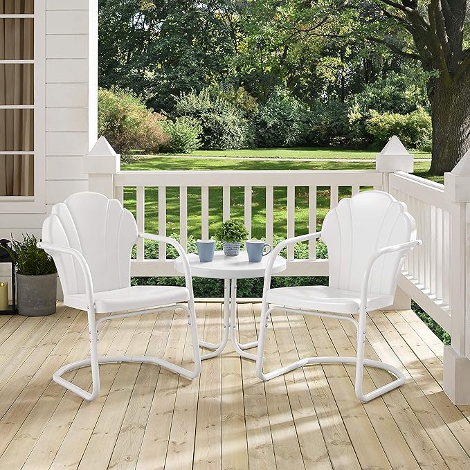 Crosley Furniture Tulip 3-Piece Outdoor Chair and Side Table Set, Retro Metal Patio Conversation Sets, White