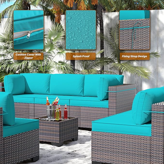 14 Pieces Outdoor Patio Furniture Set,Outdoor Sectional Furniture All Weather PE Rattan Wicker Patio Conversation Set with 2 Coffee Tables and 12 Thickened Cushions,Turquoise Blue