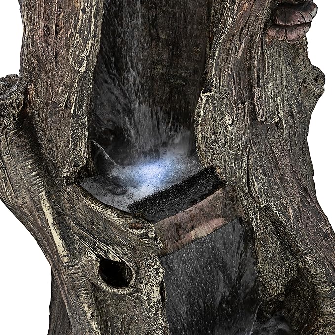 Alpine Corporation WIN258 Outdoor Rainforest Waterfall Tree Trunk Floor Fountain with LED Lights, Tiered Garden Decor, 41" H, Brown