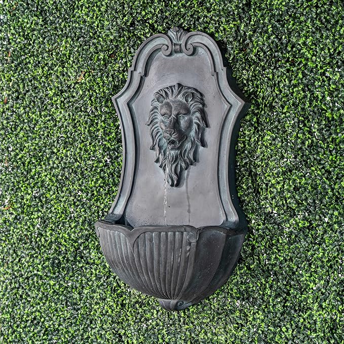 XBrand 26" Solar-Powered Wall-Mounted Lion Head Fountain, Resin, Outdoor, Gray