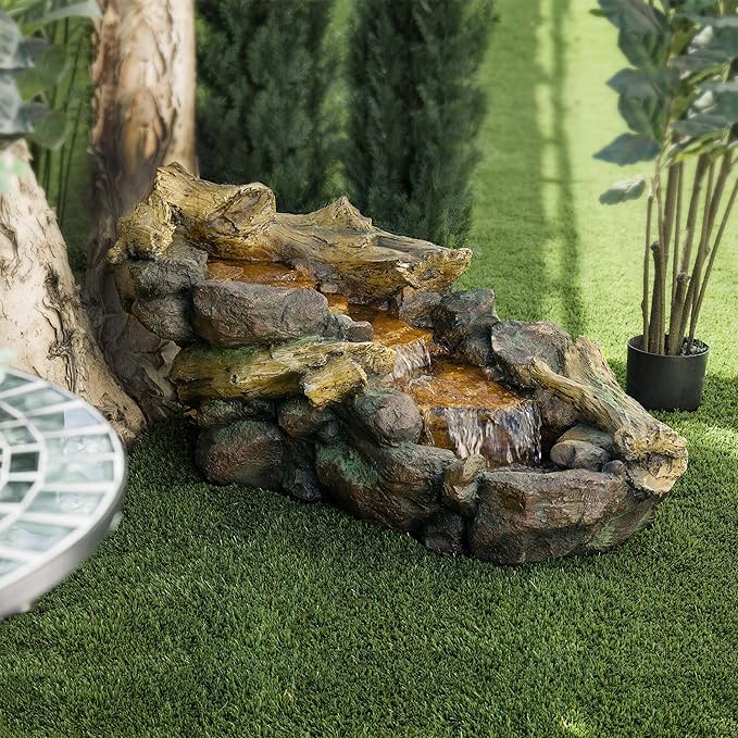Alpine Corporation TZL296 41" Long Indoor/Outdoor River Rock and Log Fountain with LED Lights – Outdoor Water Feature for Garden, Patio, and Home Décor, Brown