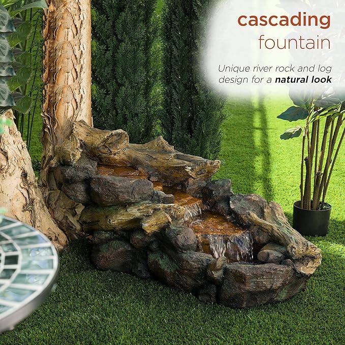 Alpine Corporation TZL296 41" Long Indoor/Outdoor River Rock and Log Fountain with LED Lights – Outdoor Water Feature for Garden, Patio, and Home Décor, Brown