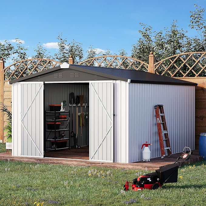AECOJOY 10' x 14' Outdoor Storage Shed, 14x10 Large Metal Sheds & Outdoor Storage Clearance with Lockable Doors, Utility and Tool Storage Garden Shed for Backyard, Patio and Outside use - Image 5